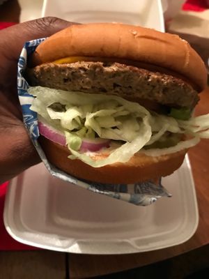 Close up of the vegan impossible burger at Shake 'N Buns in Bakersfield