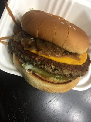 Vegan Impoosible burger with grilled onions  at Shake 'N Buns in Bakersfield