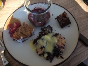 Blueberry cup, carrot cake with cherries and speculoos, peanut butter brownie, blueberry crumble with vanilla sauce. All part of the brunch.  at Froindlichst - Daimlerstr in Hamburg