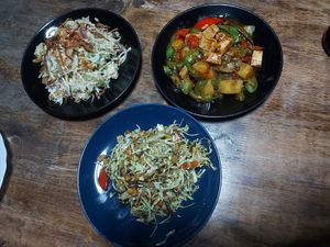 2 spicy salads and 1 stir-fried eggplant with potatoes. at The Swan Burmese Cuisine in Chiang Mai