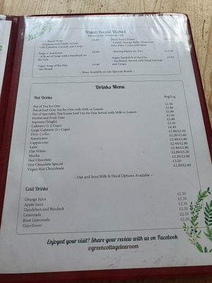 Menu with drinks at The Green Cottage in Louth