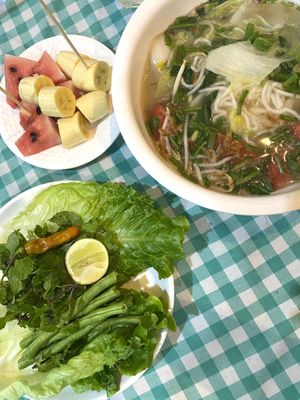 Glass noodle soup + free fruits!   at LaungXaiKham Restaurant in Vang Vieng