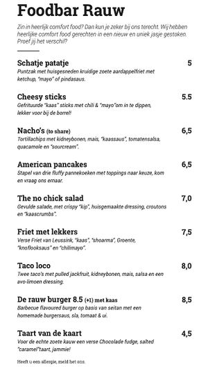 Menu at Foodbar Rauw in Enschede