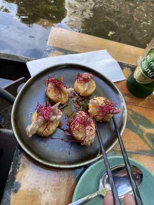 fried silken tofu with mushrooms   at Kimmade - Food Village in Utrecht