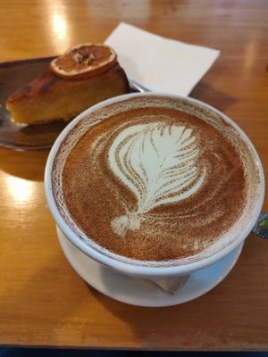 Orange cake and the biggest chai latte w/soy milk at The Cozy Corner in Taupo