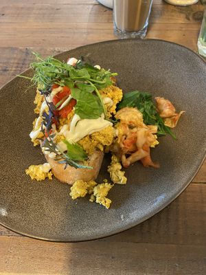 Very tasty tofu scramble with kimchi on sourdough   at The Cozy Corner in Taupo