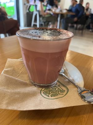 Oat milk ‘Velvet latte’: beetroot, cacao, ginger, maple, + herbs   at The Cozy Corner in Taupo