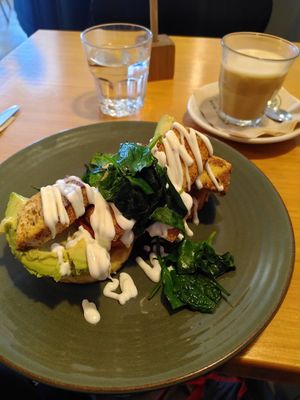 Vegan stack, dandelion latte at The Cozy Corner in Taupo