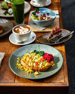 Scrambled tofu, raw plant based cheesecake, lots of alternative milks at The Cozy Corner in Taupo