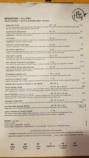 The all day Breakfast menu at The Cozy Corner in Taupo