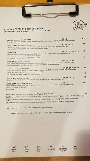 The Lunch menu at The Cozy Corner in Taupo