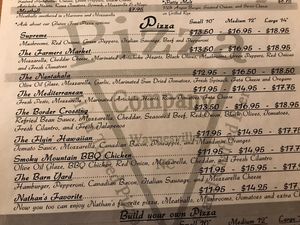 Pizza menu at Waynesville Pizza Company in Waynesville