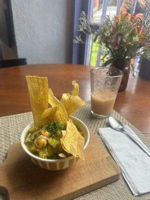 Mango ceviche. Had to pay for extra chips😡  at Oh La La in Cartagena