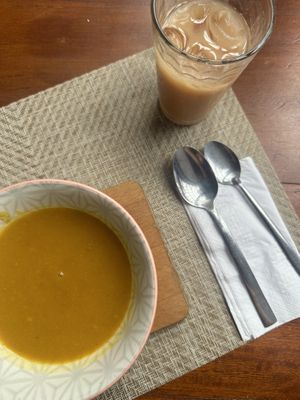 Squash soup and guava juice  at Oh La La in Cartagena