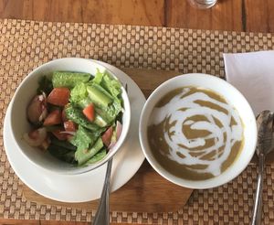 Salad and lentil soup at Oh La La in Cartagena