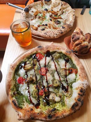 Pesto pizza and truffle one at Purezza Camden in London