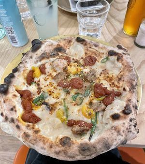 Pizza with nduja  at Purezza Camden in London