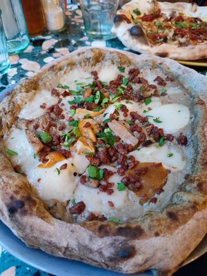 Truffle base mushrooms and vegan bacon Pizza at Purezza Camden in London