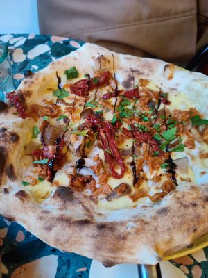 Cream base sundried tomato Pizza at Purezza Camden in London