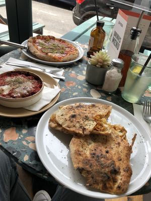 Pepperoni pizza, meatballs, and BBQ ciabatta   at Purezza Camden in London