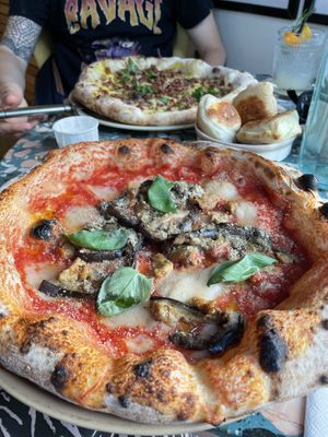 Pizza with aubergine  at Purezza Camden in London