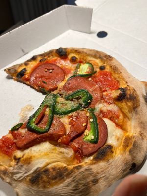 Pepperoni pizza with green chilli at Purezza Camden in London