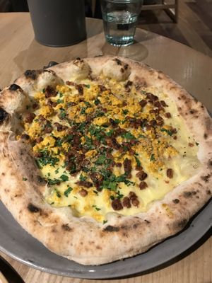 Carbonara pizza - spectacular!  at Purezza Camden in London