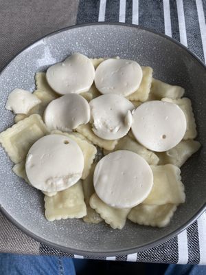 Vegan Ravioli by Mr Organic we had at home topped with Purezza Mozzella (available in some health stores and on their website – It's delicious and creamy!)  at Purezza Camden in London