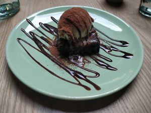 Salty caramel brownie with vanilla ice cream at Purezza Camden in London