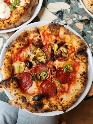 Pepperoni & agave, as well as the four seasons (sans mushrooms) at Purezza Camden in London