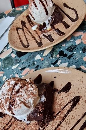 Salted caramel brownie with vanilla ice cream at Purezza Camden in London