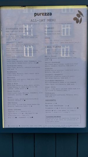 Menu on 15/1/24 at Purezza Camden in London