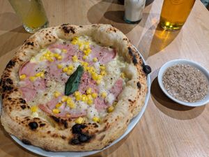 Mimosa pizza and truffle dip at Purezza Camden in London