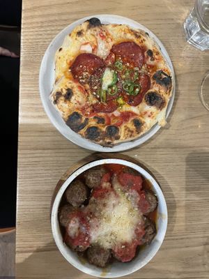  Pepperoni and agave pizza with a side of meatballs   at Purezza Camden in London
