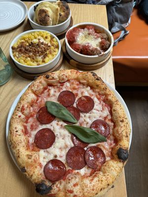 Pizza, Mac & cheese, meatballs, OG dough balls!  at Purezza Camden in London