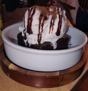 Brownie with vanilla ice cream at Purezza Camden in London