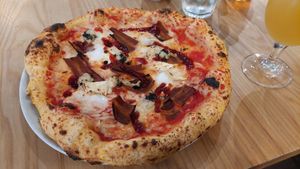 Four cheese pizza with bacon - good for trying several of their cheeses at Purezza Camden in London