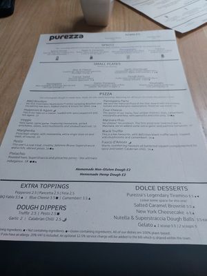 The menu at Purezza Camden in London