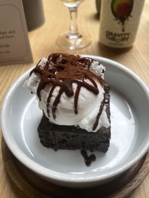 salted caramel brownie, with vanilla ice cream   at Purezza Camden in London