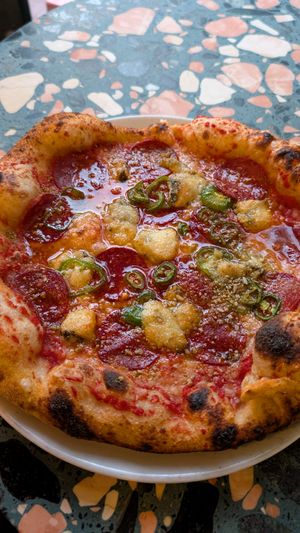 Pepperoni and agave with added blue cheese at Purezza Camden in London