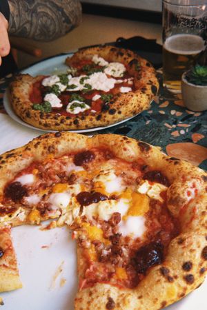 4 Cheese Pizza and one with Pesto   at Purezza Camden in London