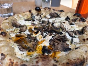 truffle porcini pizza with v mild, barely evident blue cheese  at Purezza Camden in London
