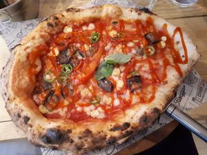 Vulcano (hot) pizza on sourdough base (£10) at Purezza Camden in London