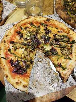 A variety of pizzas, bases, sauces and toppings. at Purezza Camden in London