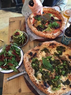 Green Supreme on whole grain, Pizza4Season1 on whole grain. The sides: Garden bowl, courghetti spaghetti. at Purezza Camden in London