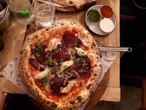 One of Purezza's pizzas with vegan sausage slices. I like them because they don't have a meaty texture at Purezza Camden in London