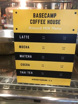 Almond milk drink menu at Basecamp Coffee House in Chiang Mai