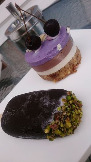 blueberry cake and pistachio ice cream at Craft Cafe in Kyiv
