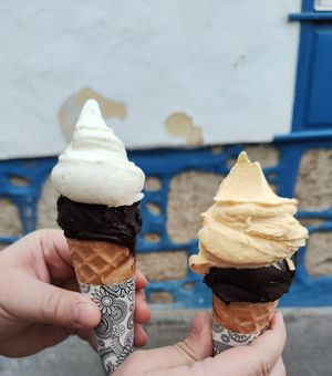 Maracuja and dark chocolate and pineapple and dark chocolate ice cream in a cone (also vegan!!) at Il Gelato del Mercato in Tenerife