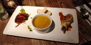 Shallot tart, spiced carrot soup and asparagus wrapped in pastry at The Church Mouse in Chester-le-street